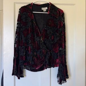 Vintage Velvet Floral Wrap Blouse - Black & Deep Red Velvet Roses Size L